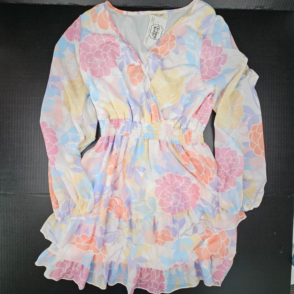 Peach Love California Floral Mini Dress Pastel Smocked Waist Ruffle Festival L